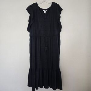 Lucky Brand Black Flutter Sleeves V-Neck Tiered Midi Dress Size 2X
